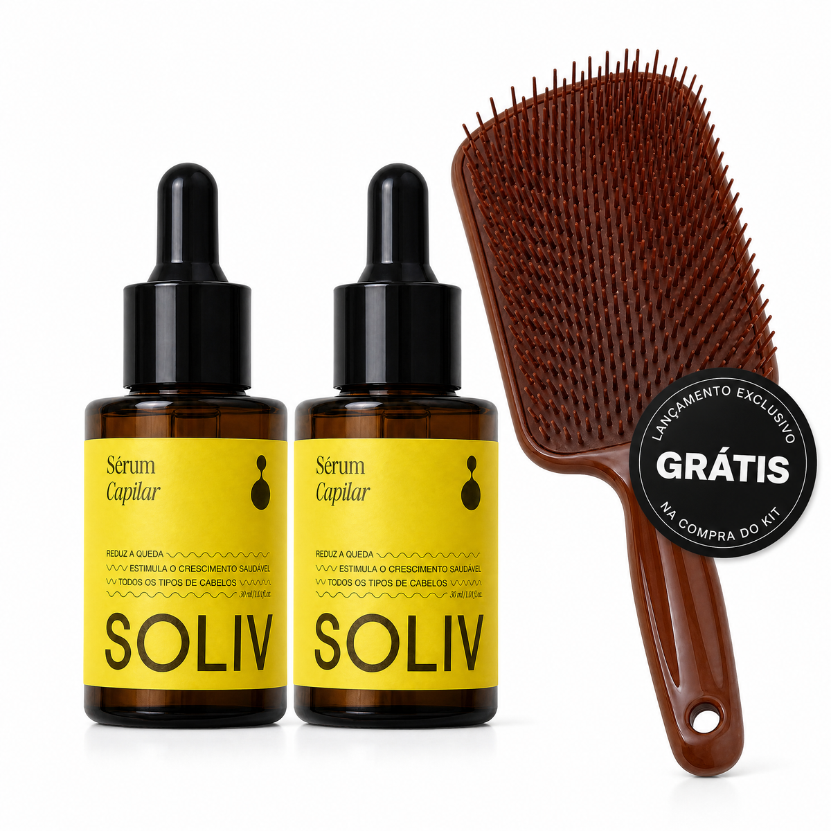 Kit Primeira Rotina | 2 Séruns Soliv para Cuidar da Raiz + Escova de Pentear Flex Soliv Grátis